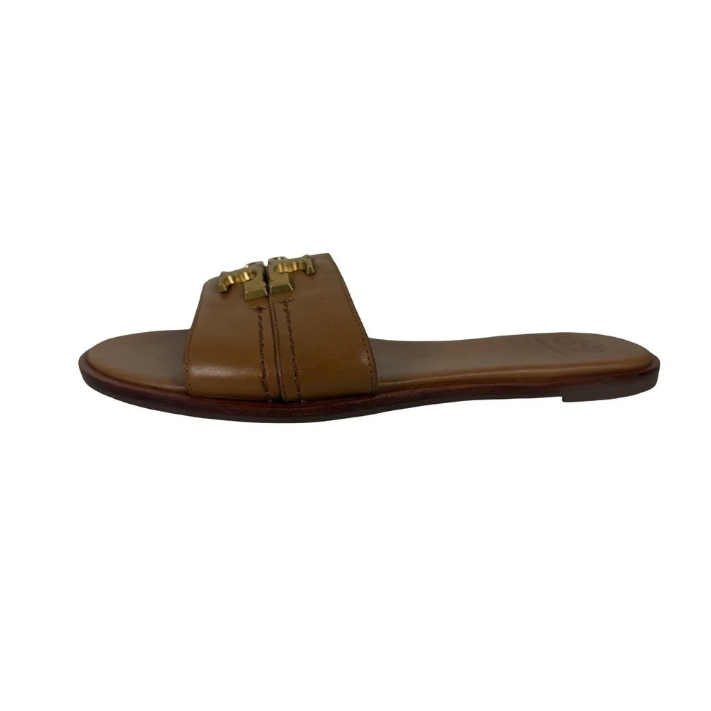 Tory Burch Everly Brown Leather Slide Sandals Gold Logo Accent Womens 8 M